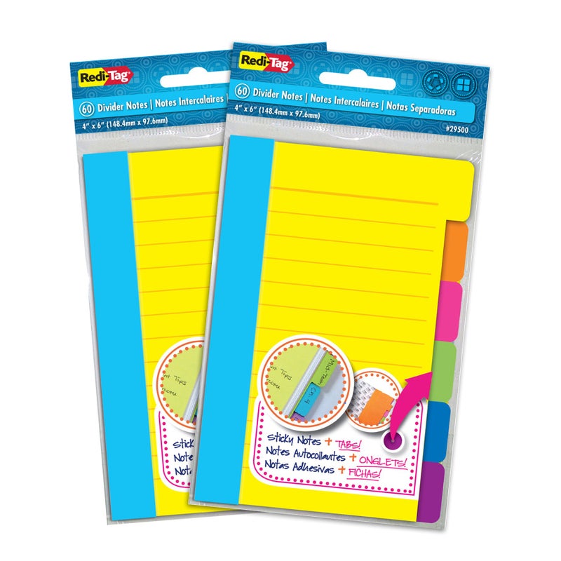 Redi-Tag Divider Sticky Notes, Tabbed Self-Stick Lined Notepads, Adhesive Notes for School, Home and Office, 120 Ruled Notes, 4" x 6", 2 Books Per Pack, Assorted Colors (B10290) - Image 1